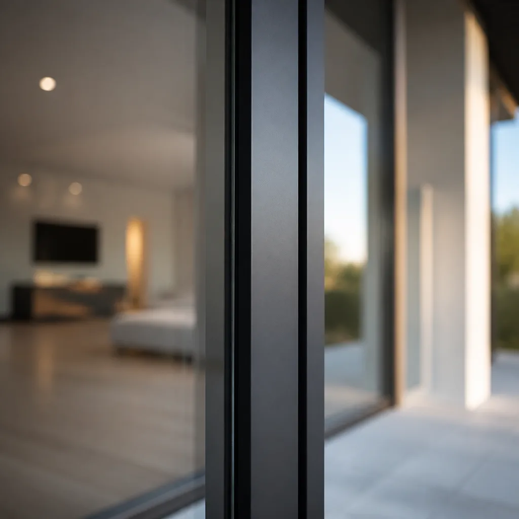 Modern glass door frame with view into contemporary home interior