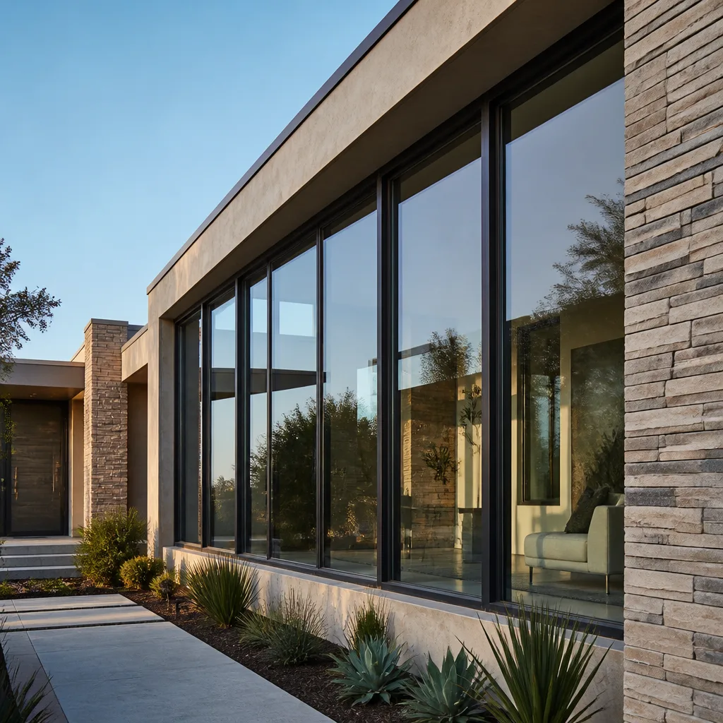 Modern home exterior with large energy-efficient floor-to-ceiling glass windows