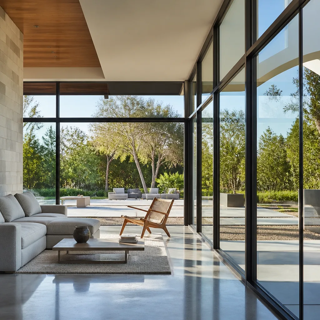 Modern floor-to-ceiling glass windows and doors in a contemporary living space