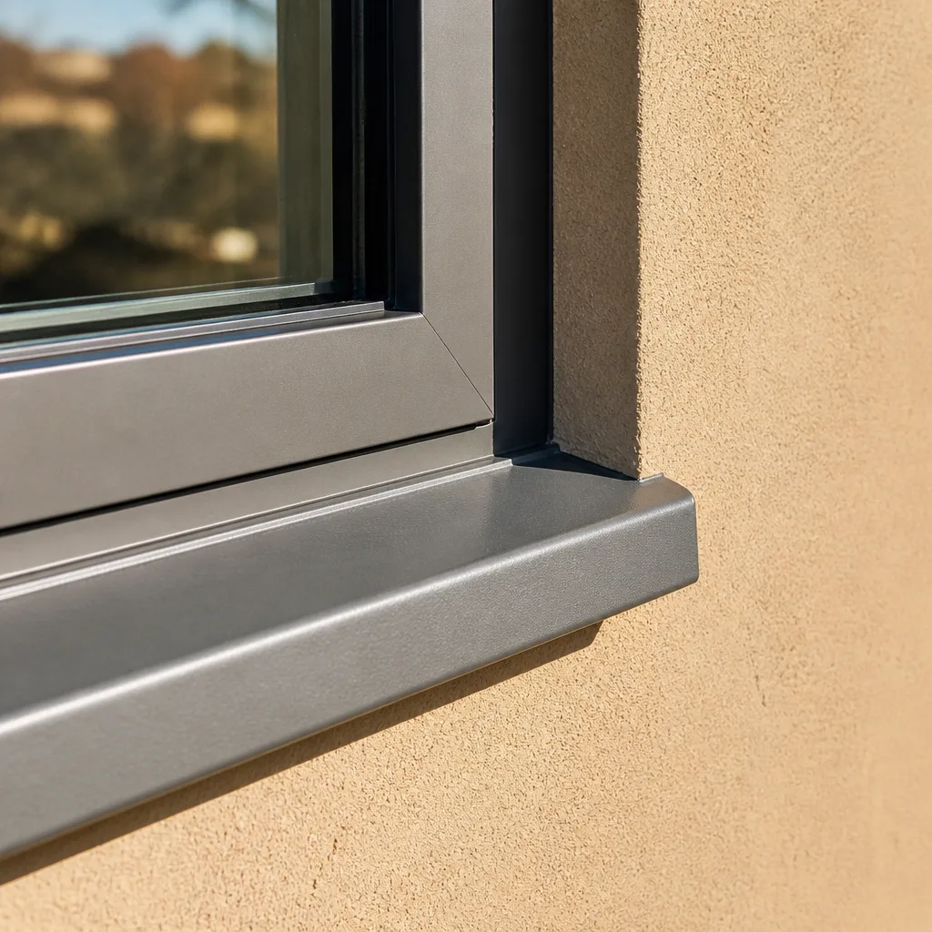 Modern dark grey aluminum window replacement installed in a textured wall