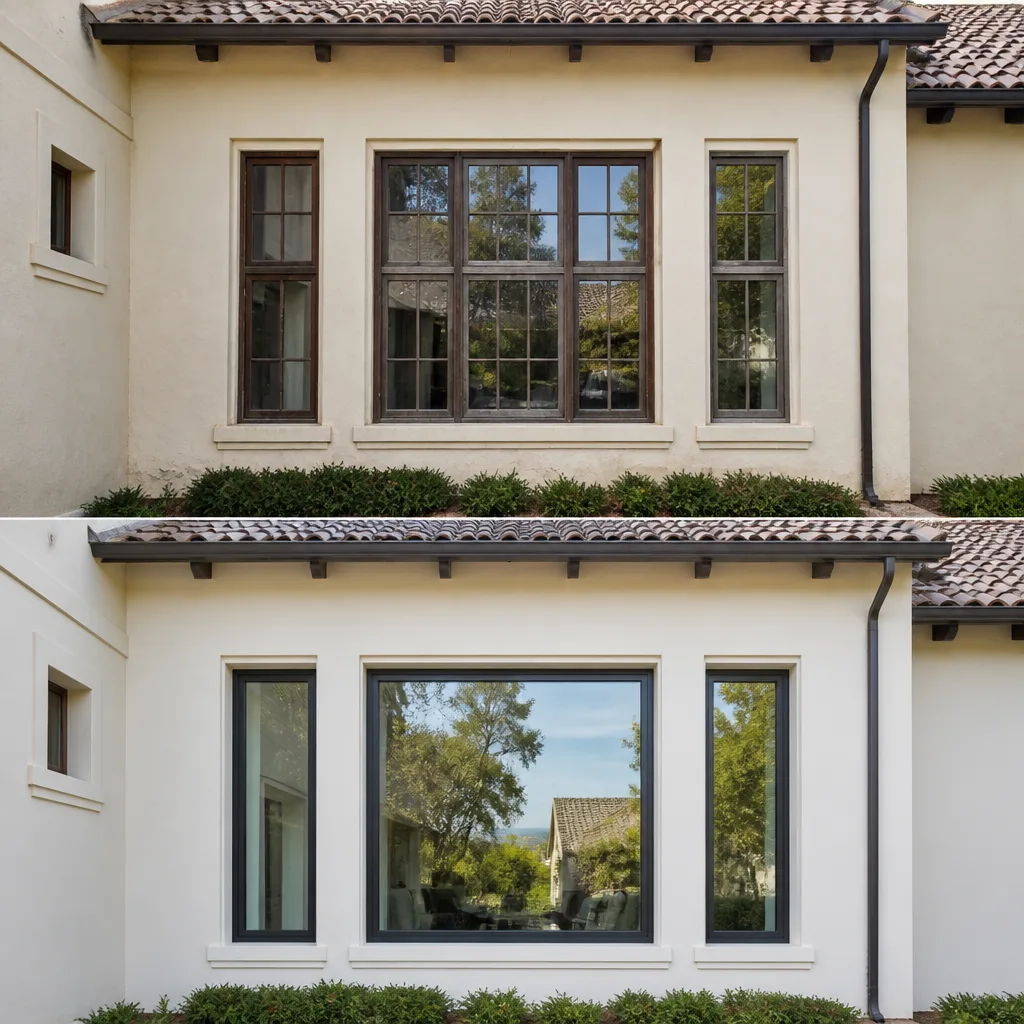 Window replacement project showing home exterior before and after installation