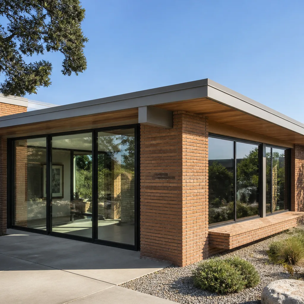 Modern home exterior with professionally installed large sliding glass windows